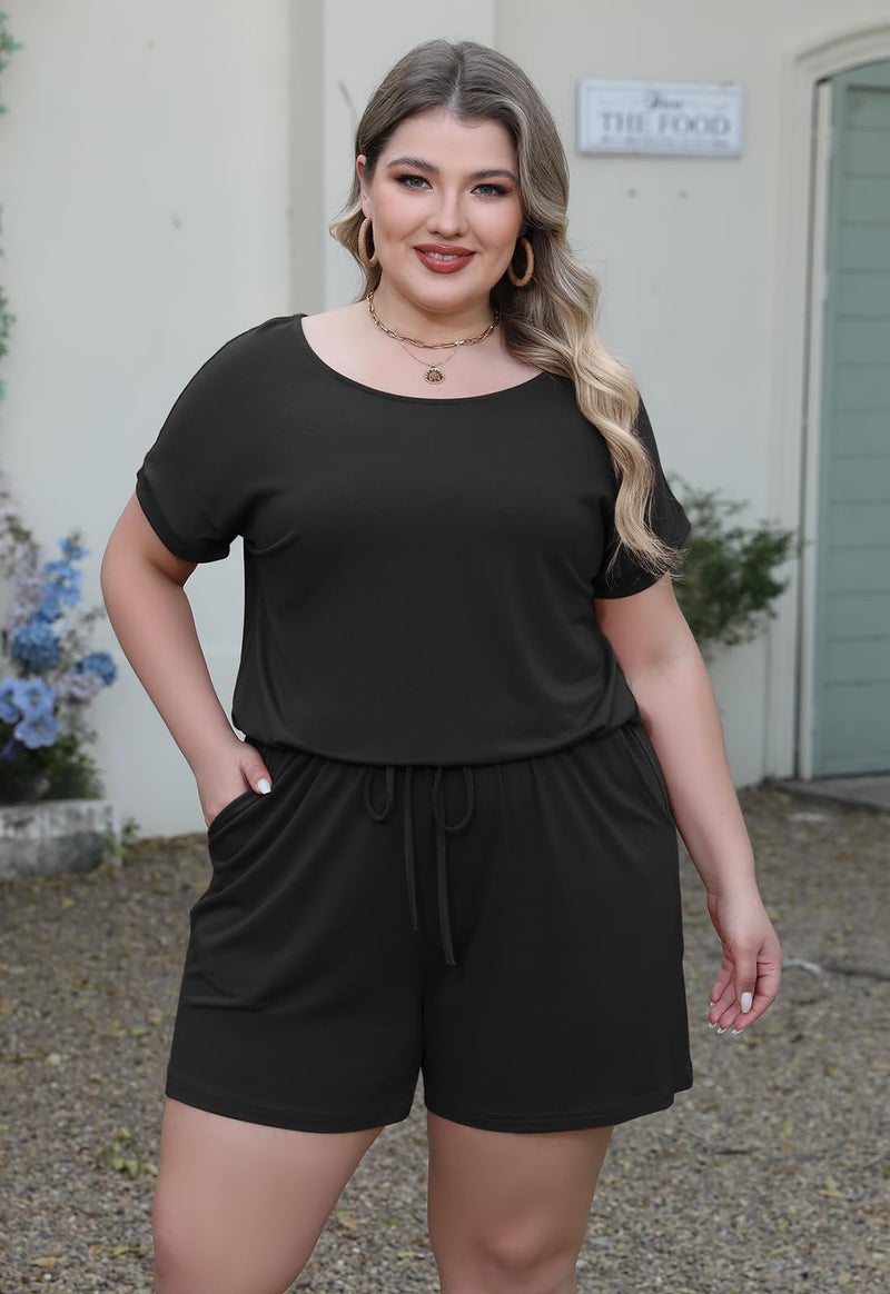 Nemidor Women's Casual Plus Size Loose Jumpsuit and Rompers Stretchy Elastic Waist Summer Short Playsuit with Pockets NEM252 (18, Black) - Image 4